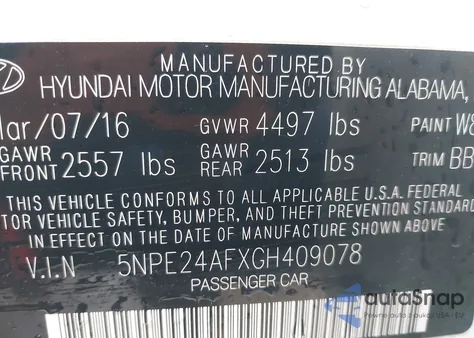 2016 Hyundai Sonata Se z USA, uszkodzony, nr VIN 5NPE24AFXGH409078